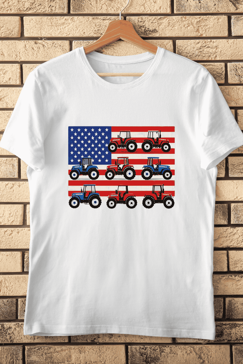 Red Blue Tractors on US Flag T-Shirt Design pinterest preview image.
