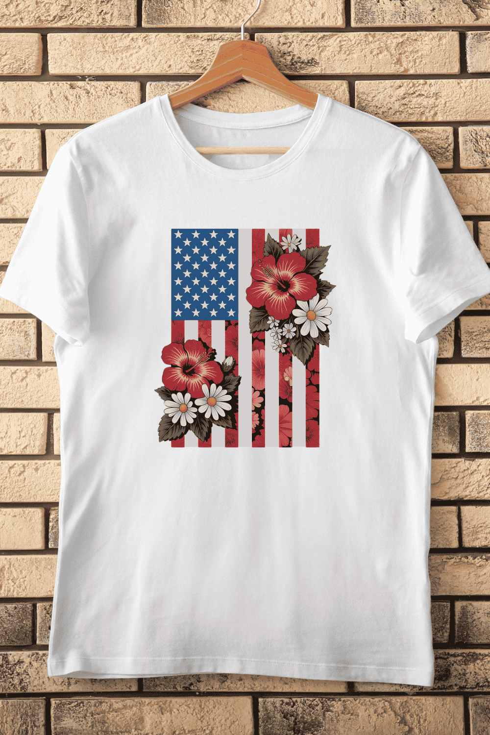 American Flag with Red Hibiscus and Daisies T-Shirt Design pinterest preview image.