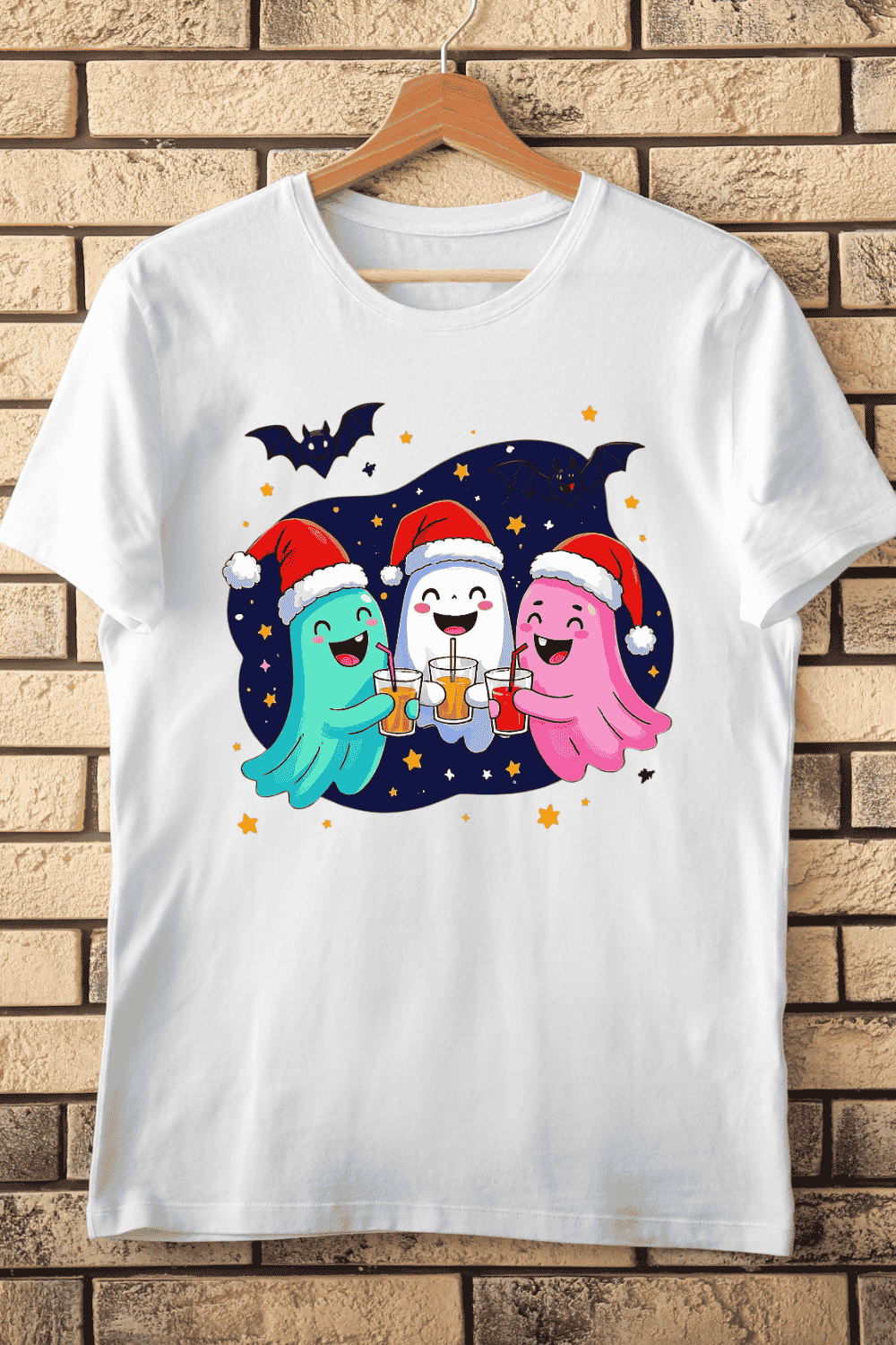 Ghosts Wearing Santa Hats and Drinking T-Shirt Design pinterest preview image.