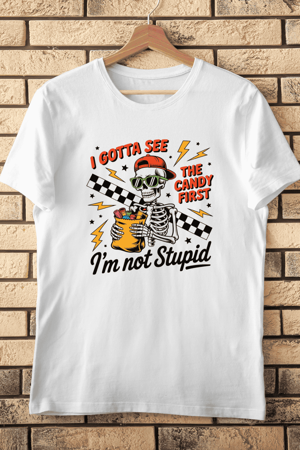 Trick or Treat Skeleton T-Shirt Design pinterest preview image.