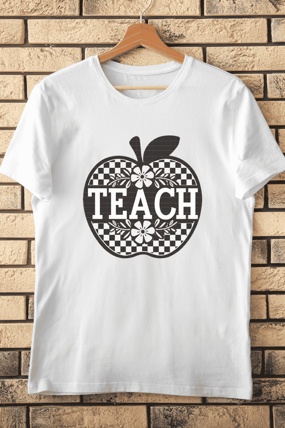 Teach Apple Checkerboard Floral T-Shirt Design pinterest preview image.