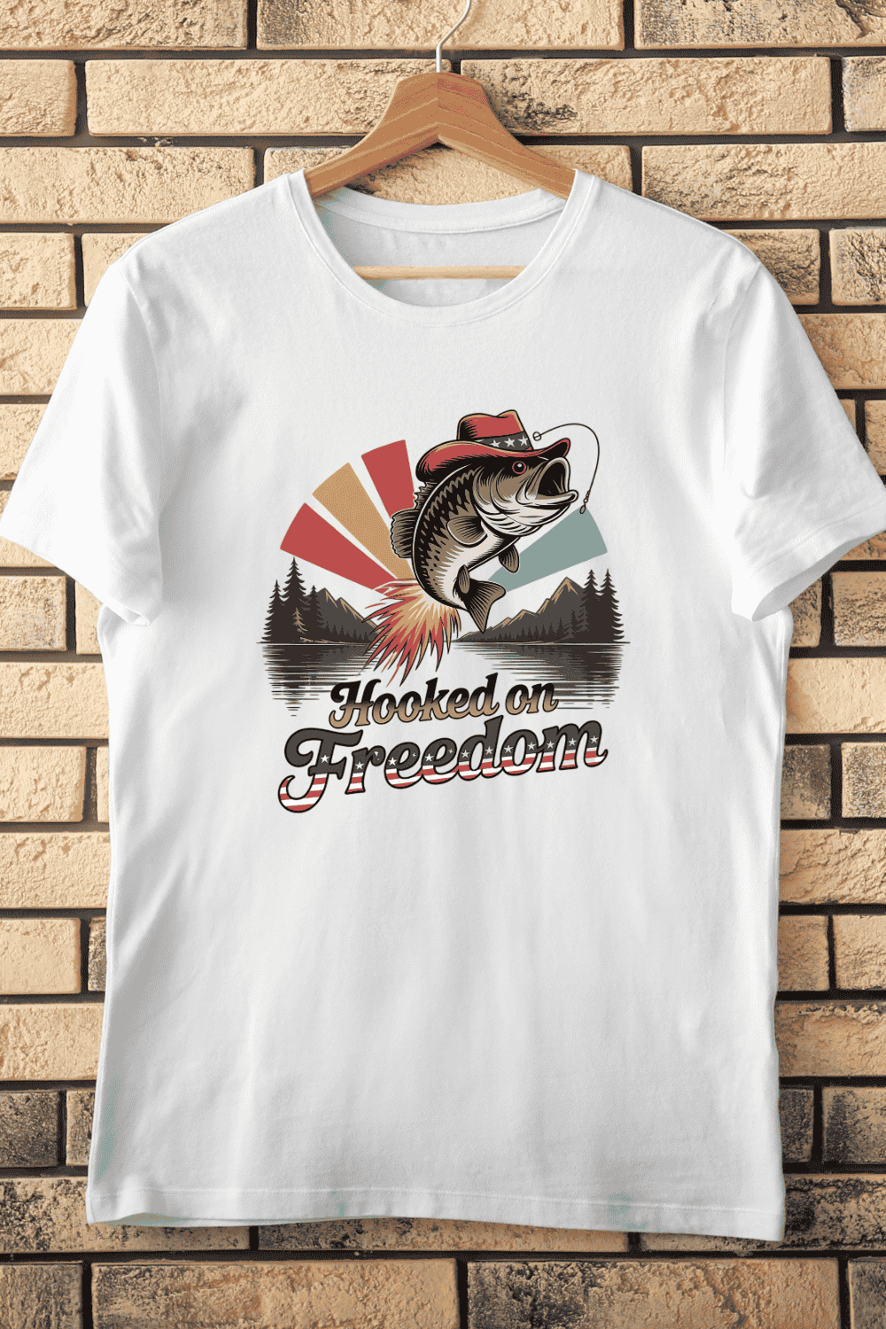 Hooked on Freedom Fishing T-Shirt Design pinterest preview image.