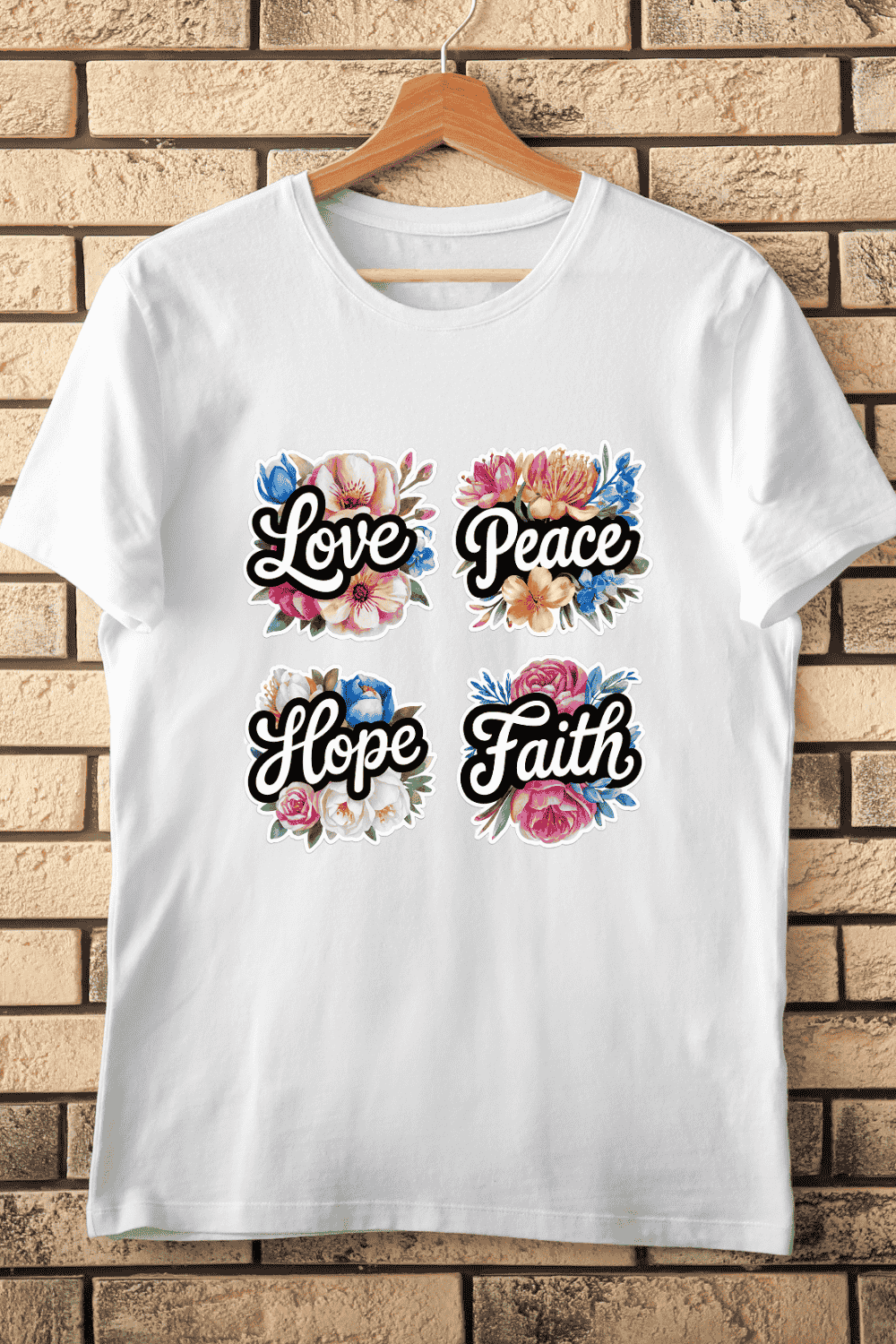 Love Peace Hope Faith Floral PNG T-Shirt Design pinterest preview image.