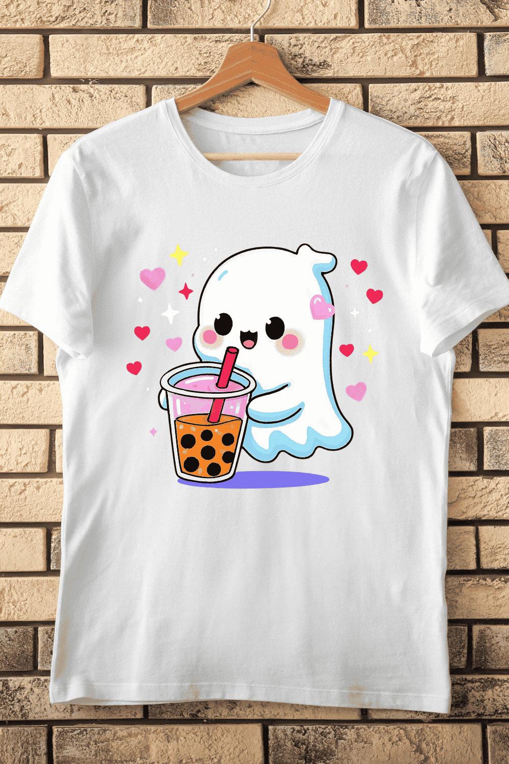Cute Ghost Loves Boba Tea T-Shirt Design pinterest preview image.