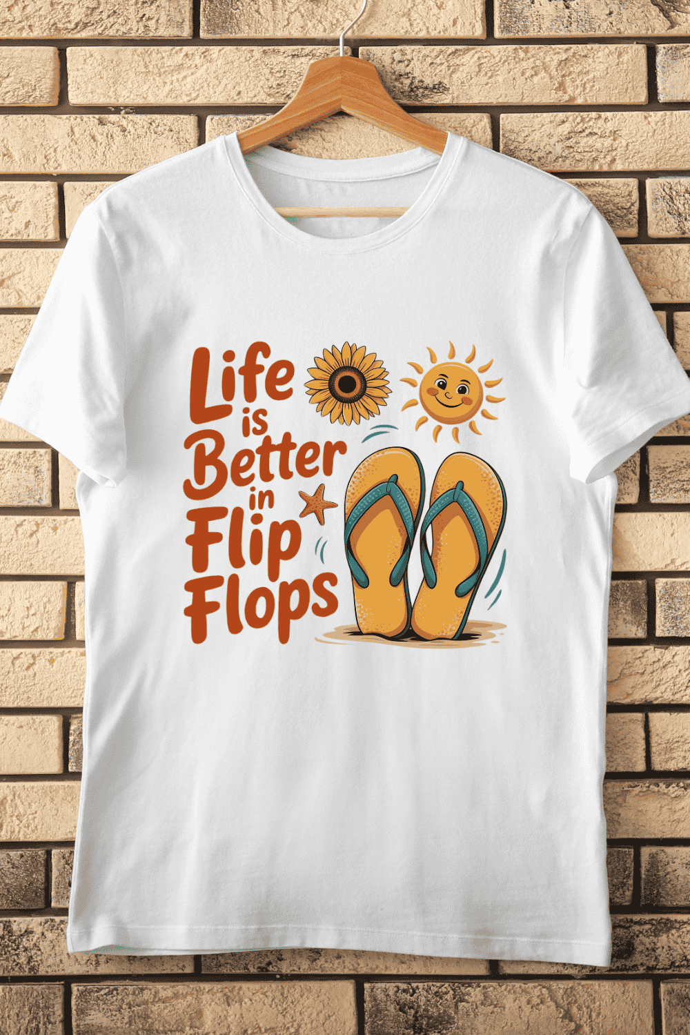 Summer Vibes with Flip Flops and Starfish T-Shirt Design pinterest preview image.