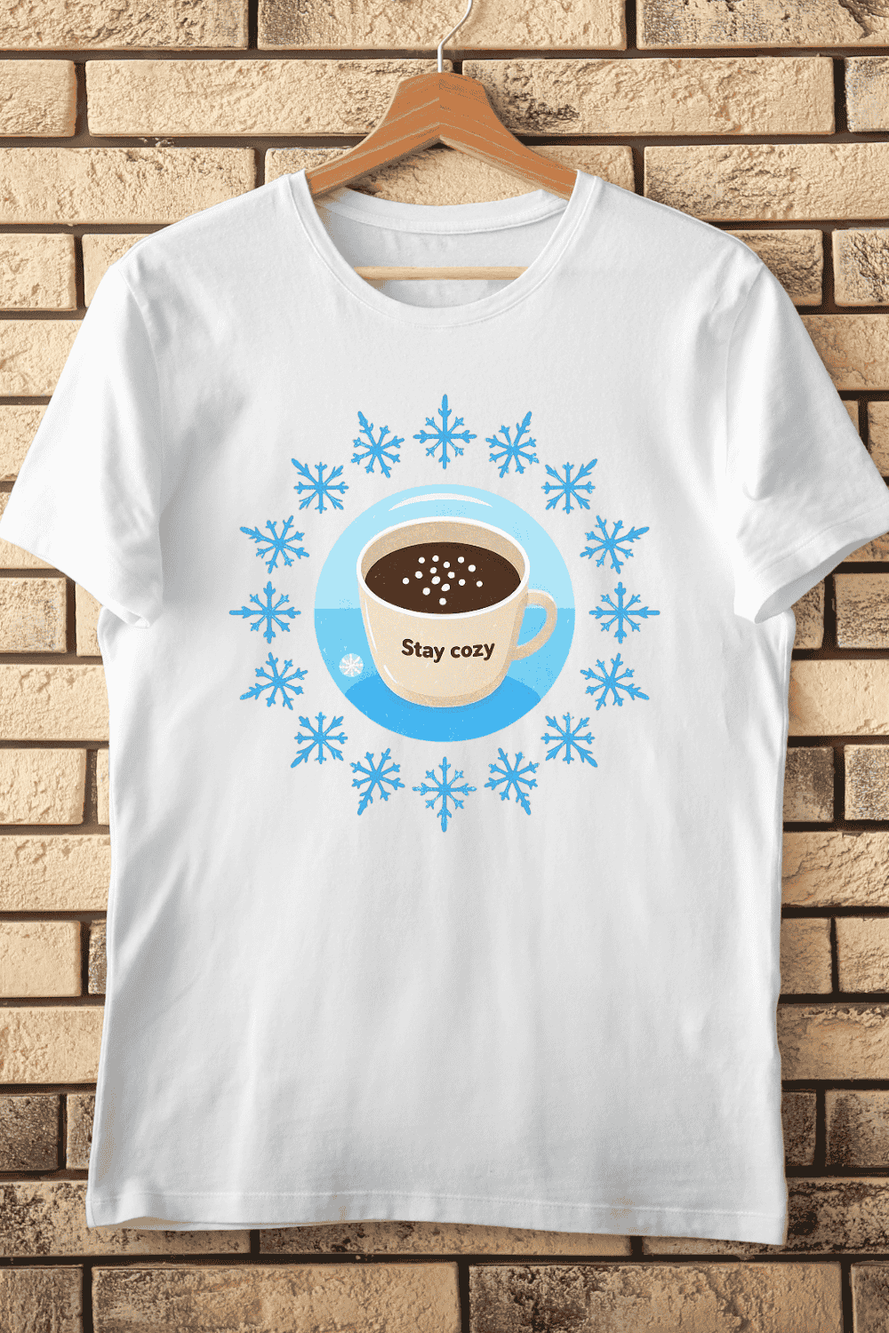 Stay Cozy Hot Chocolate Snowflakes T-Shirt Design pinterest preview image.