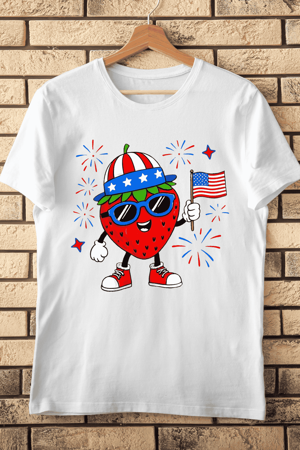 USA Theme Strawberry with Sunglasses T-Shirt Design pinterest preview image.