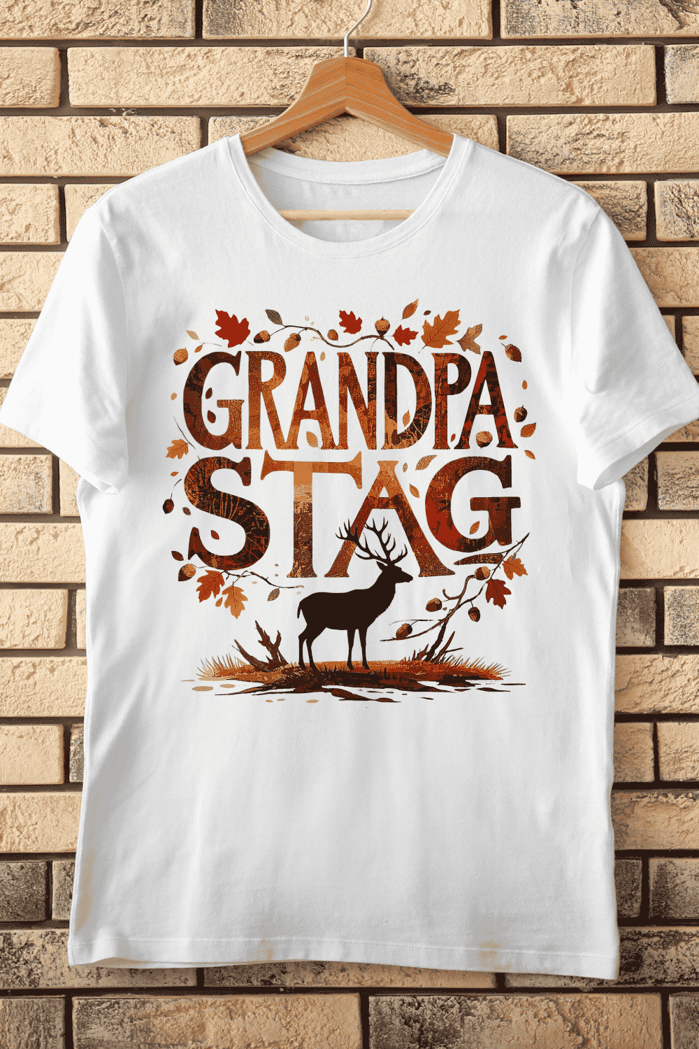Rustic Grandpa Stag with Fall Leaves T-Shirt Design pinterest preview image.