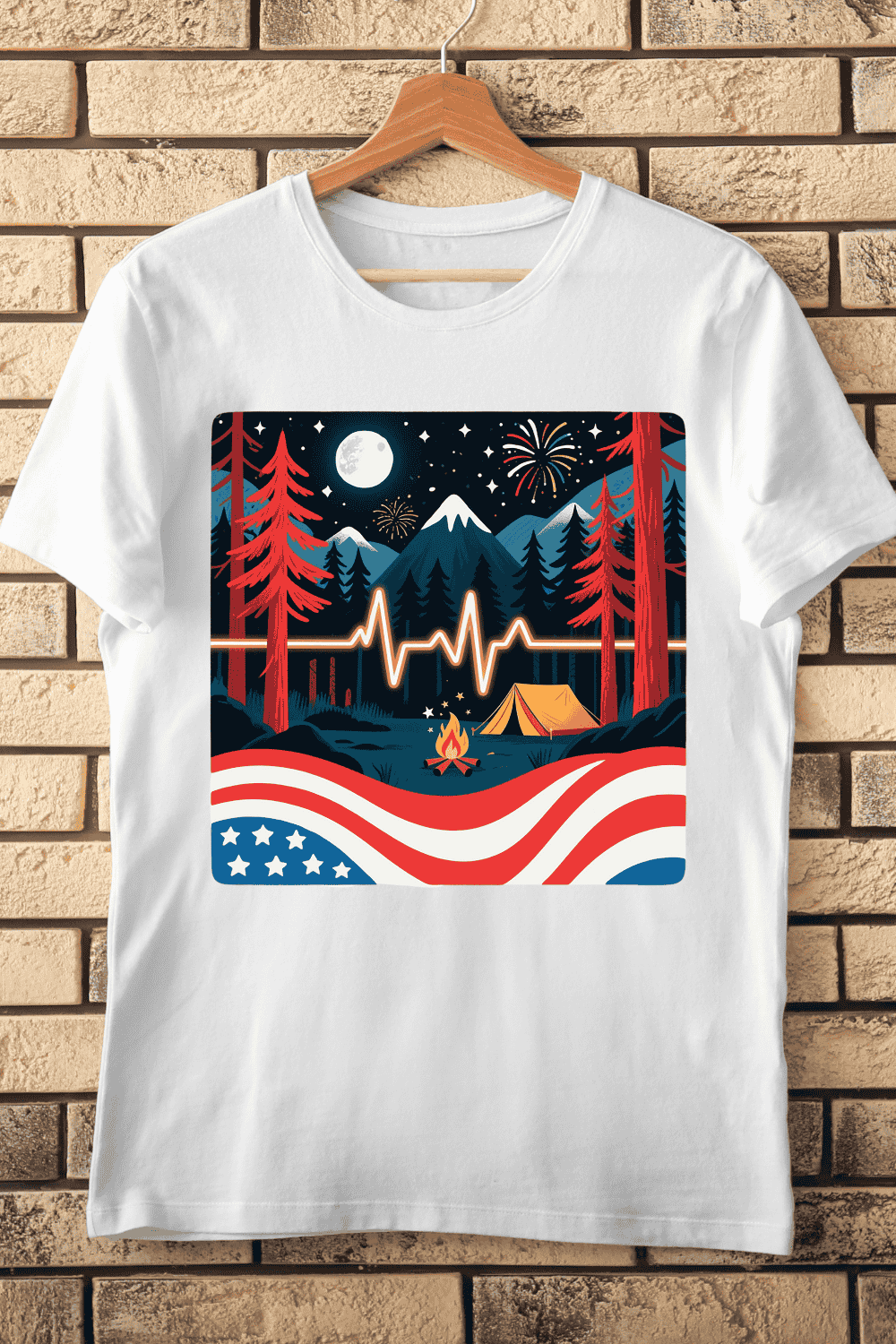Patriotic Camping Scene Heartbeat T-Shirt Design pinterest preview image.