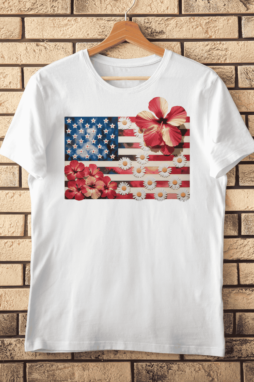 Tropical Flowers on US Flag T-Shirt Design pinterest preview image.
