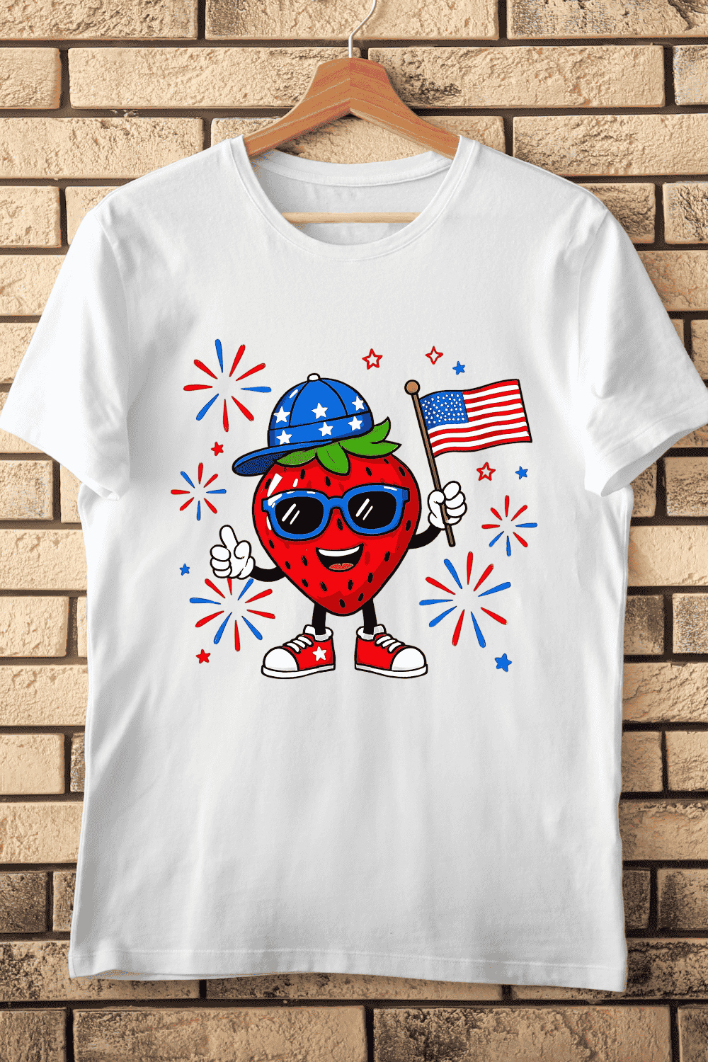 American Holiday Strawberry Character T-Shirt Design pinterest preview image.