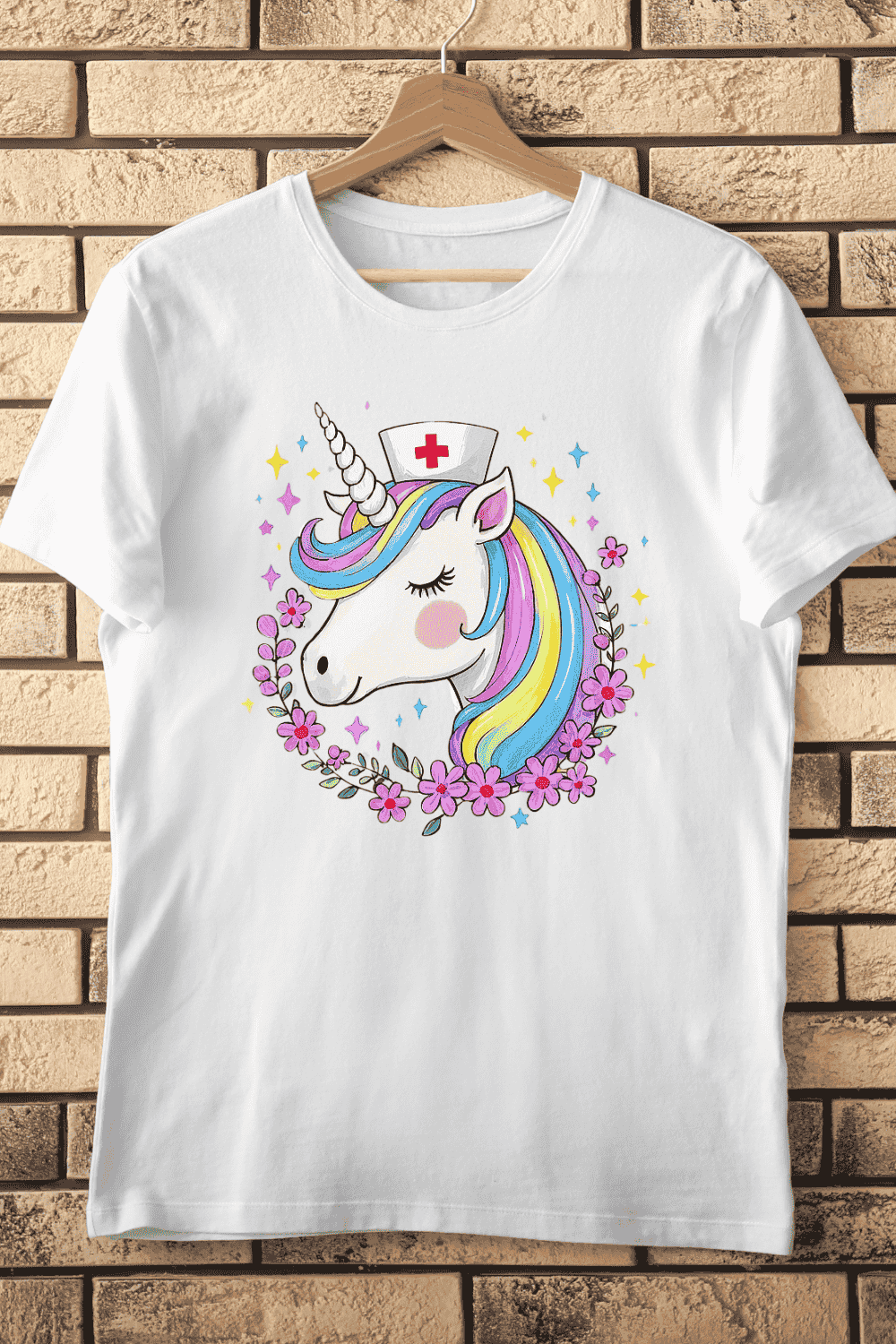 Unicorn with Nurse Hat and Flowers T-Shirt Design pinterest preview image.