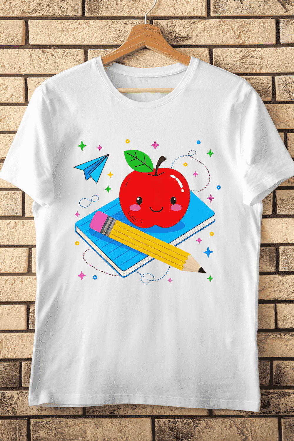 Cute School Apple Book Pencil T-Shirt Design pinterest preview image.