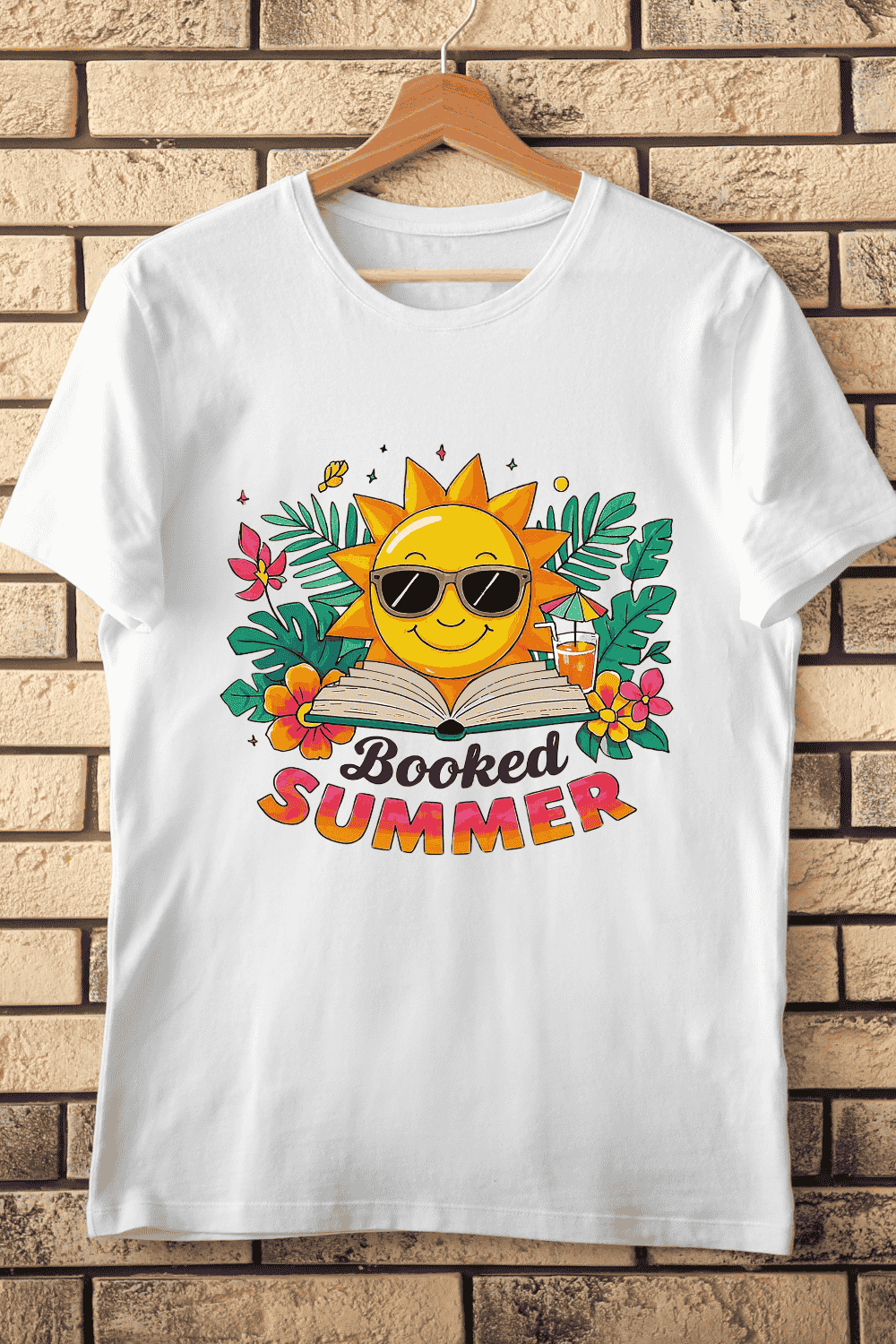 Booked Summer Reading Sun T-Shirt Design pinterest preview image.