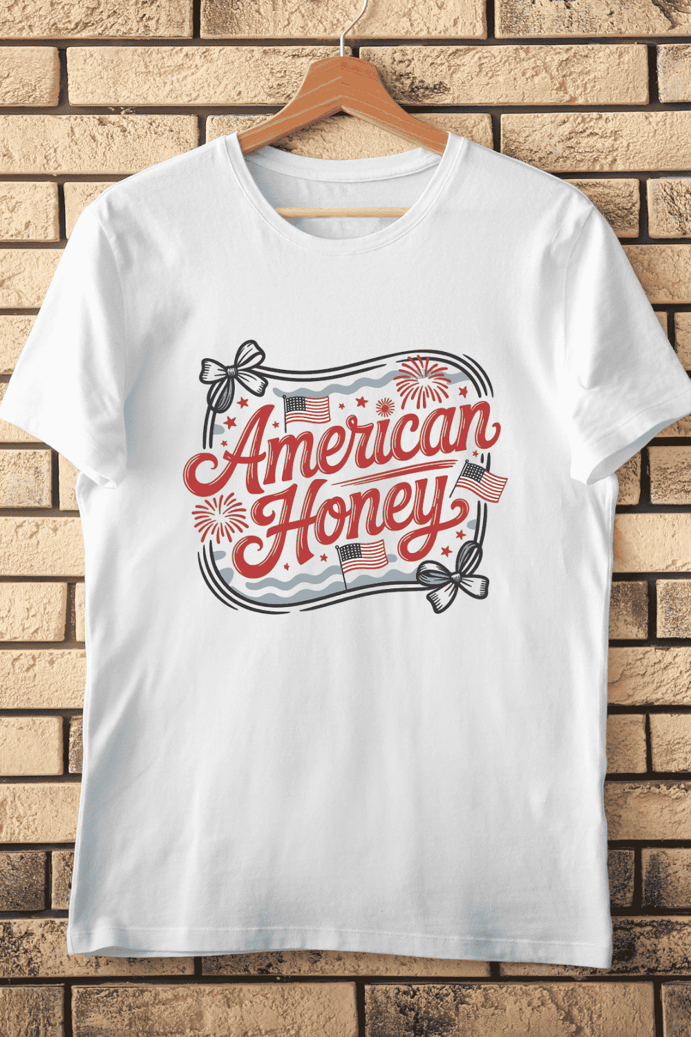 Cute Bows and Fireworks American T-Shirt Design pinterest preview image.