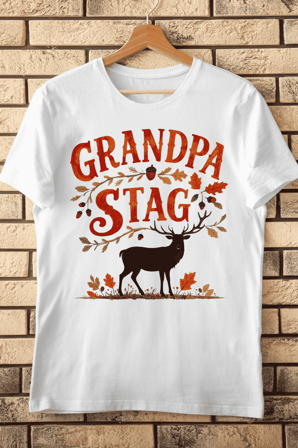 Forest Theme Grandpa Stag with Acorns T-Shirt Design pinterest preview image.