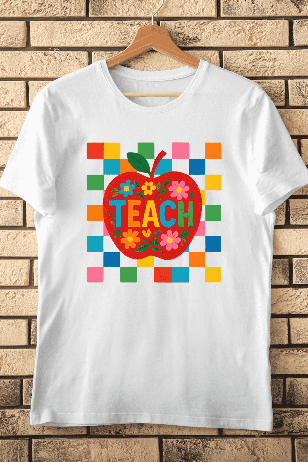 Colorful Teach Apple Floral PNG T-Shirt Design pinterest preview image.