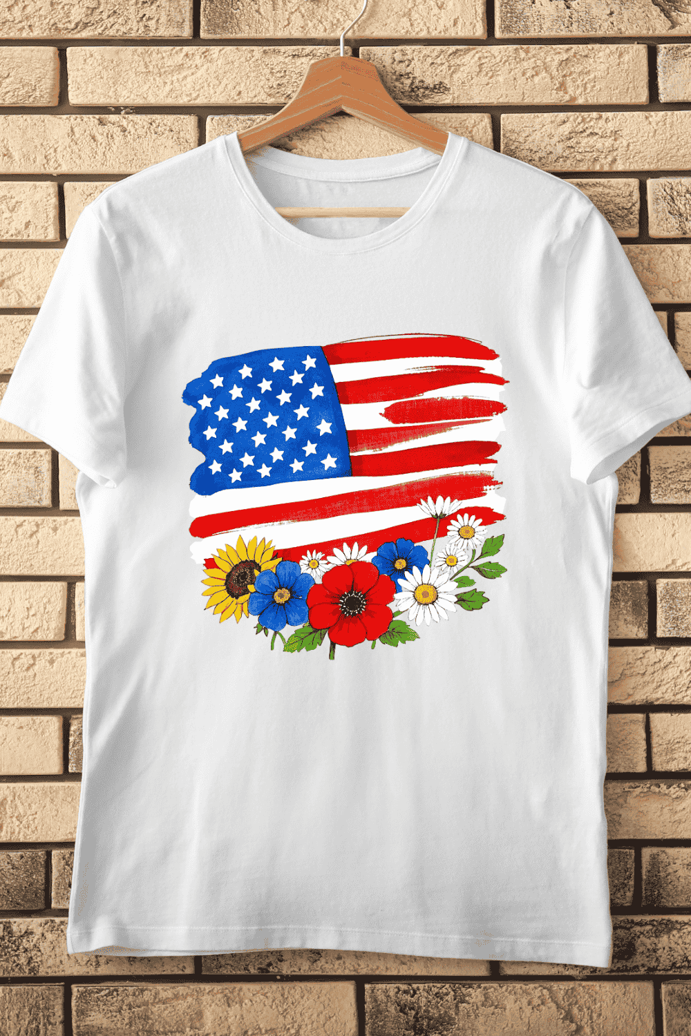 USA Flag and Botanical T-Shirt Design pinterest preview image.