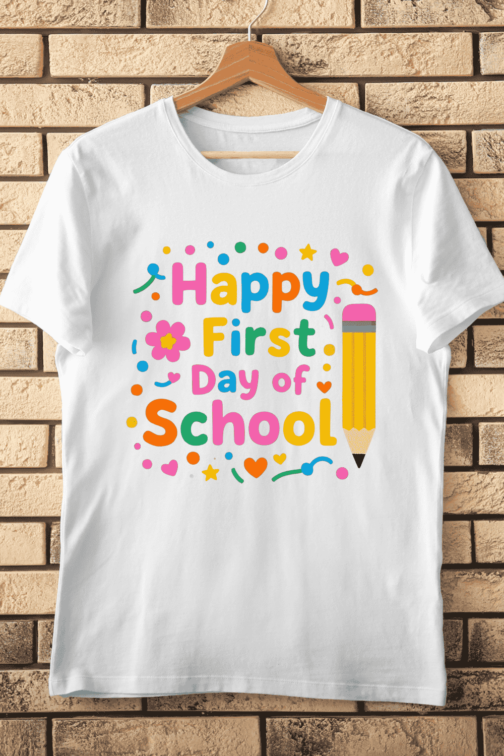 Pencil and First Day of School Greeting T-Shirt Design pinterest preview image.