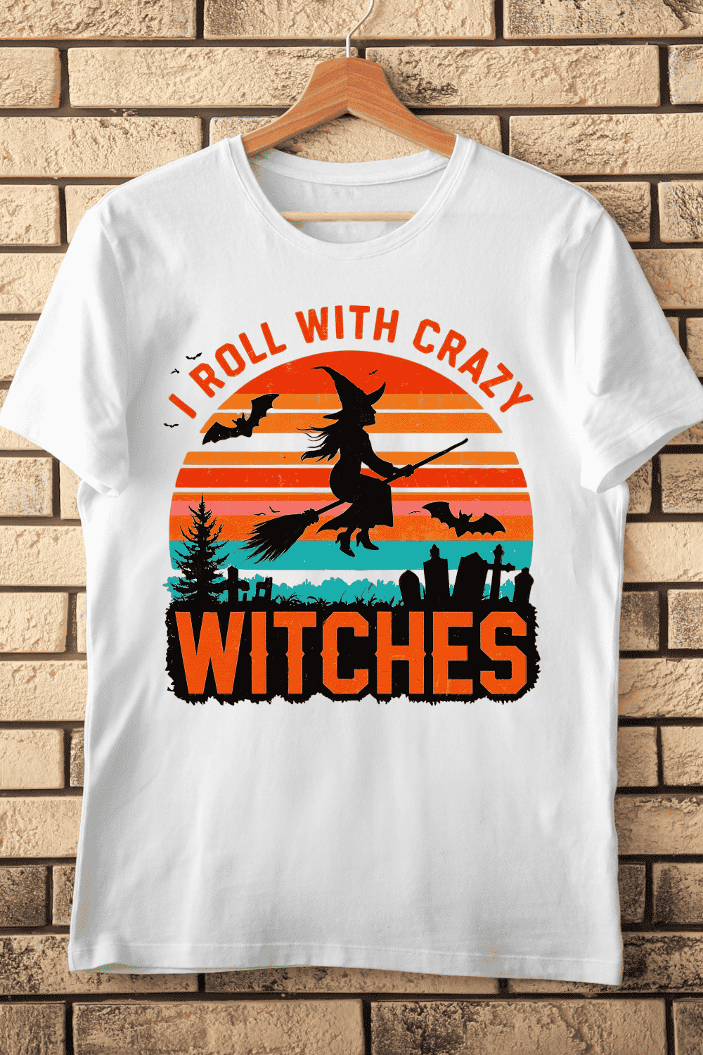 Spooky Sunset with Witch Silhouette T-Shirt Design pinterest preview image.