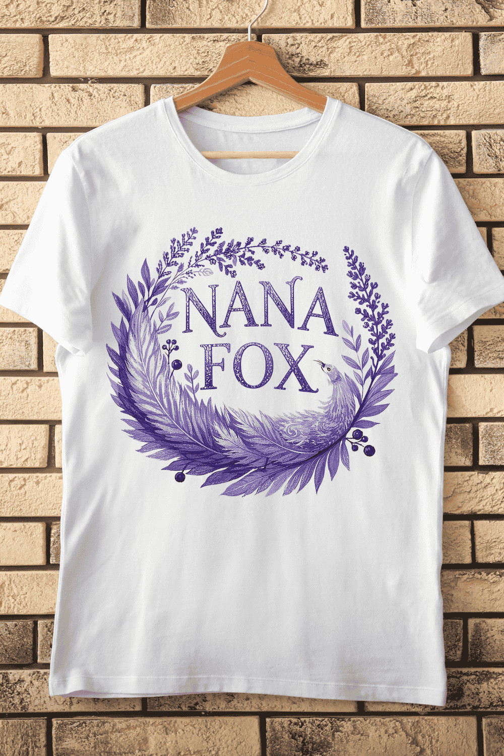 Whimsical Grandma Fox with Purple Foliage T-Shirt Design pinterest preview image.