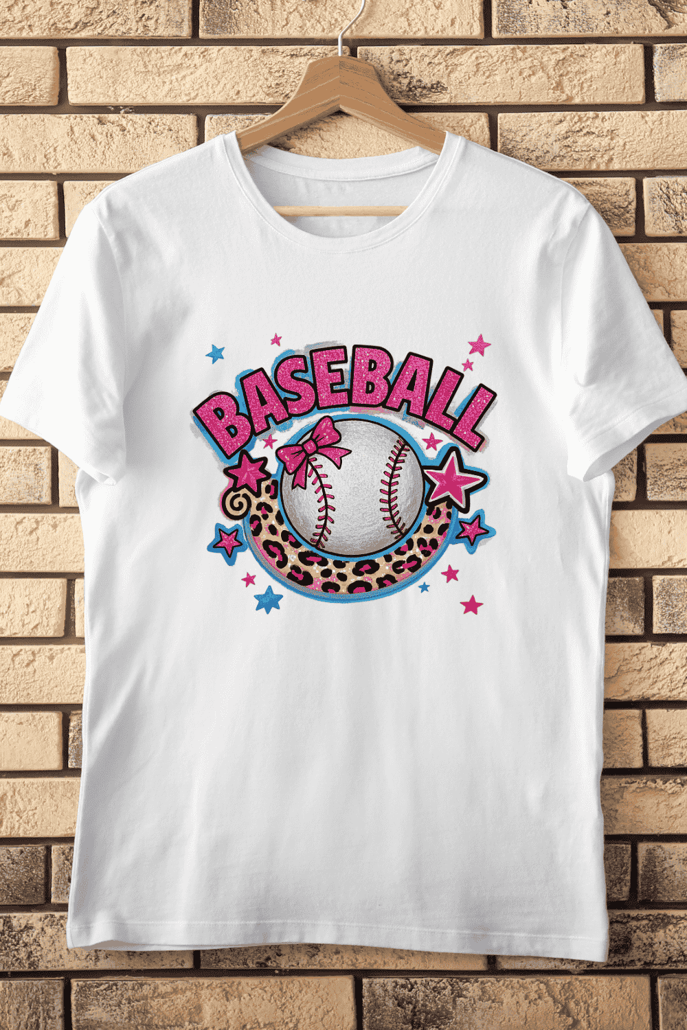 Baseball Glitter Pink Bow Leopard Moon T-Shirt Design pinterest preview image.