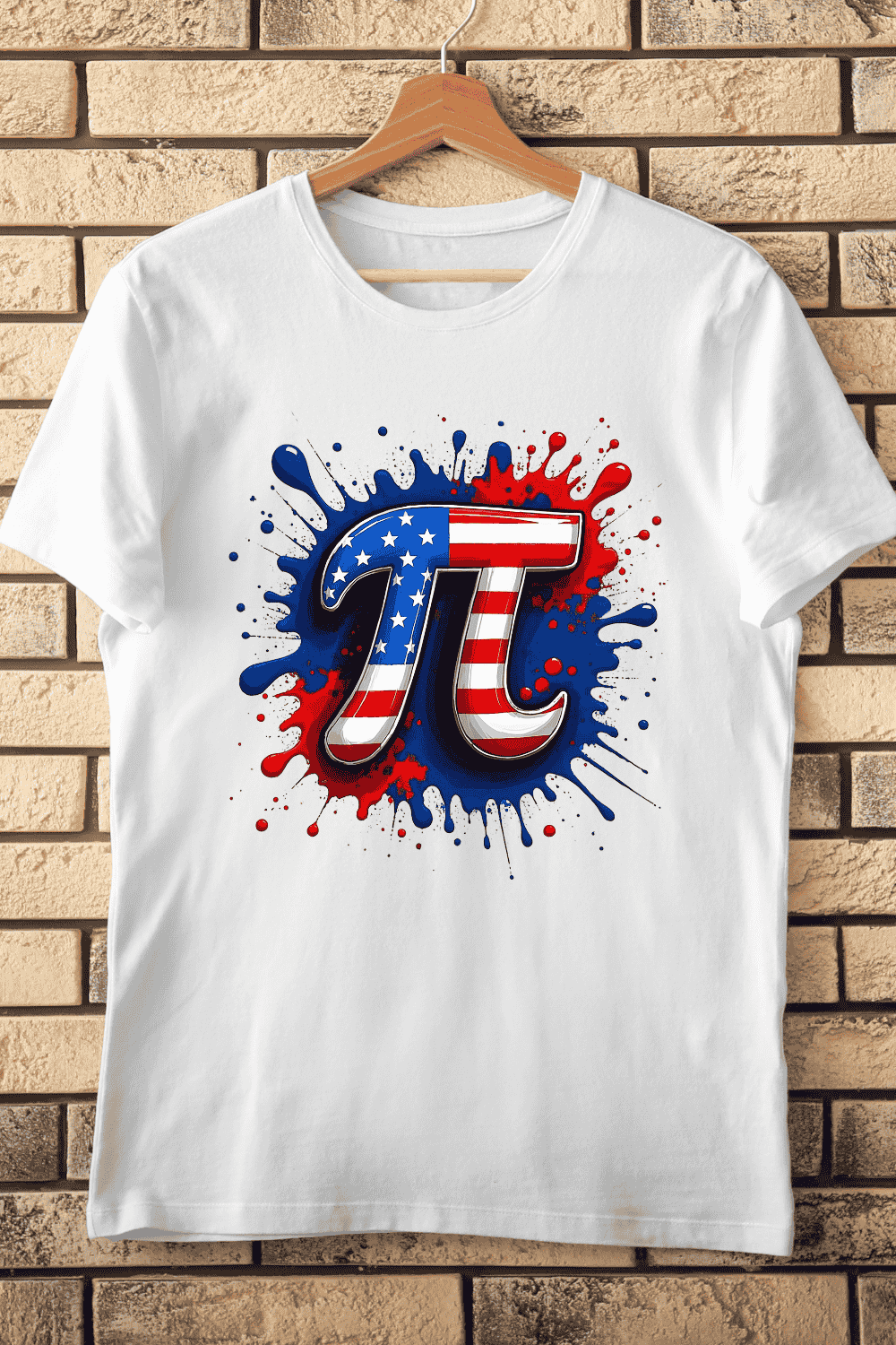 American Pi Symbol with Red Blue Splashes T-Shirt Design pinterest preview image.