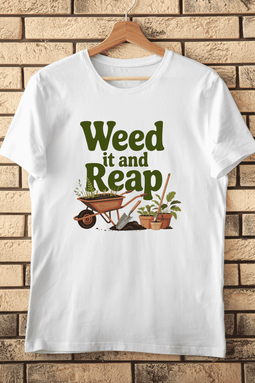 Cute Garden Tools and Plants T-Shirt Design pinterest preview image.