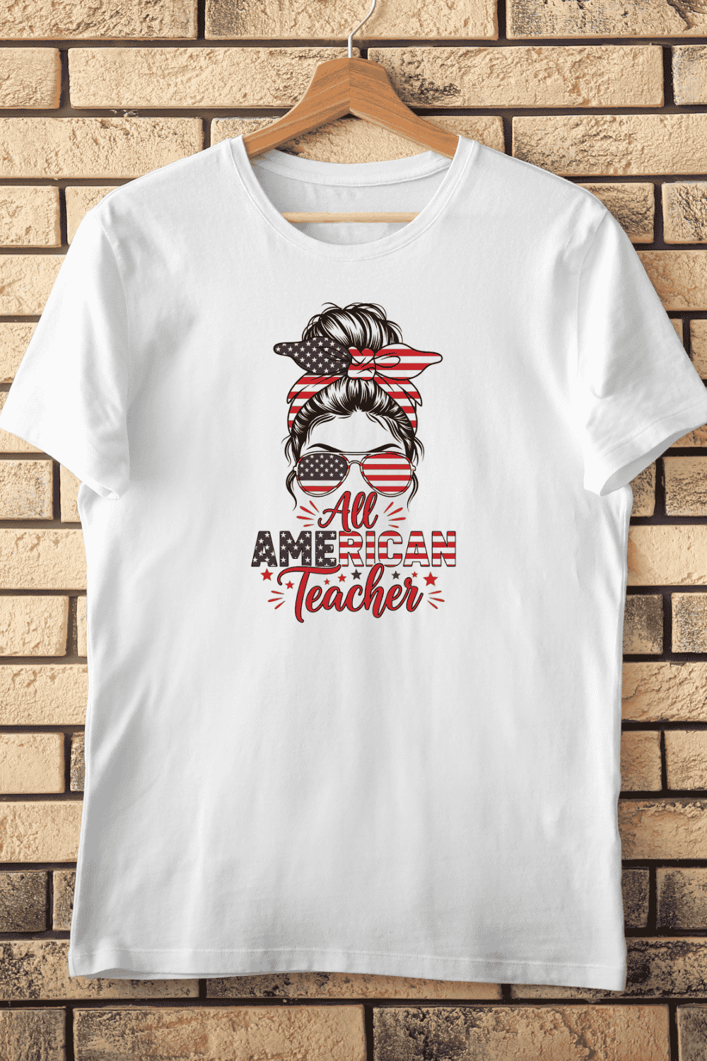 All American Teacher Messy Bun T-Shirt Design pinterest preview image.