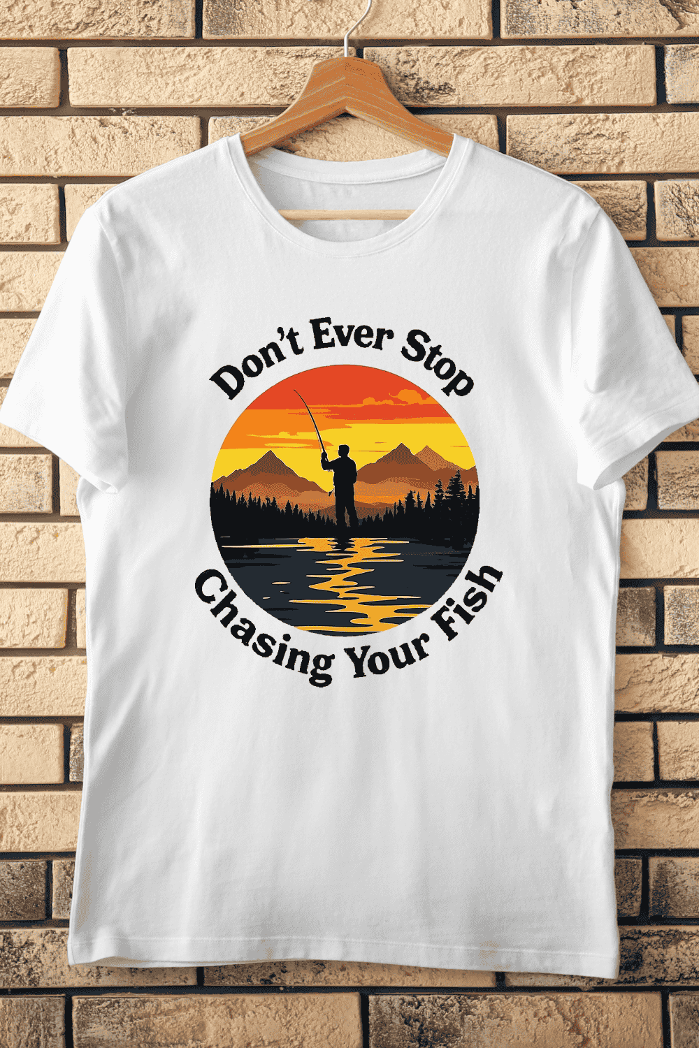 Fisherman Silhouette at Sunset T-Shirt Design pinterest preview image.