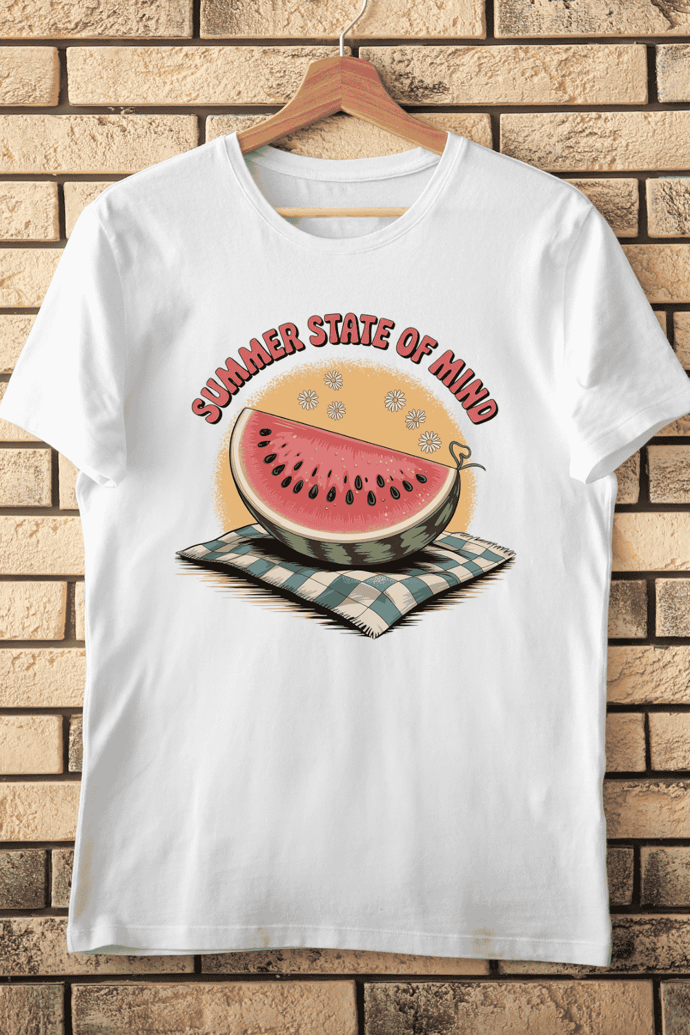 Vintage Summer Watermelon and Flowers T-Shirt Design pinterest preview image.