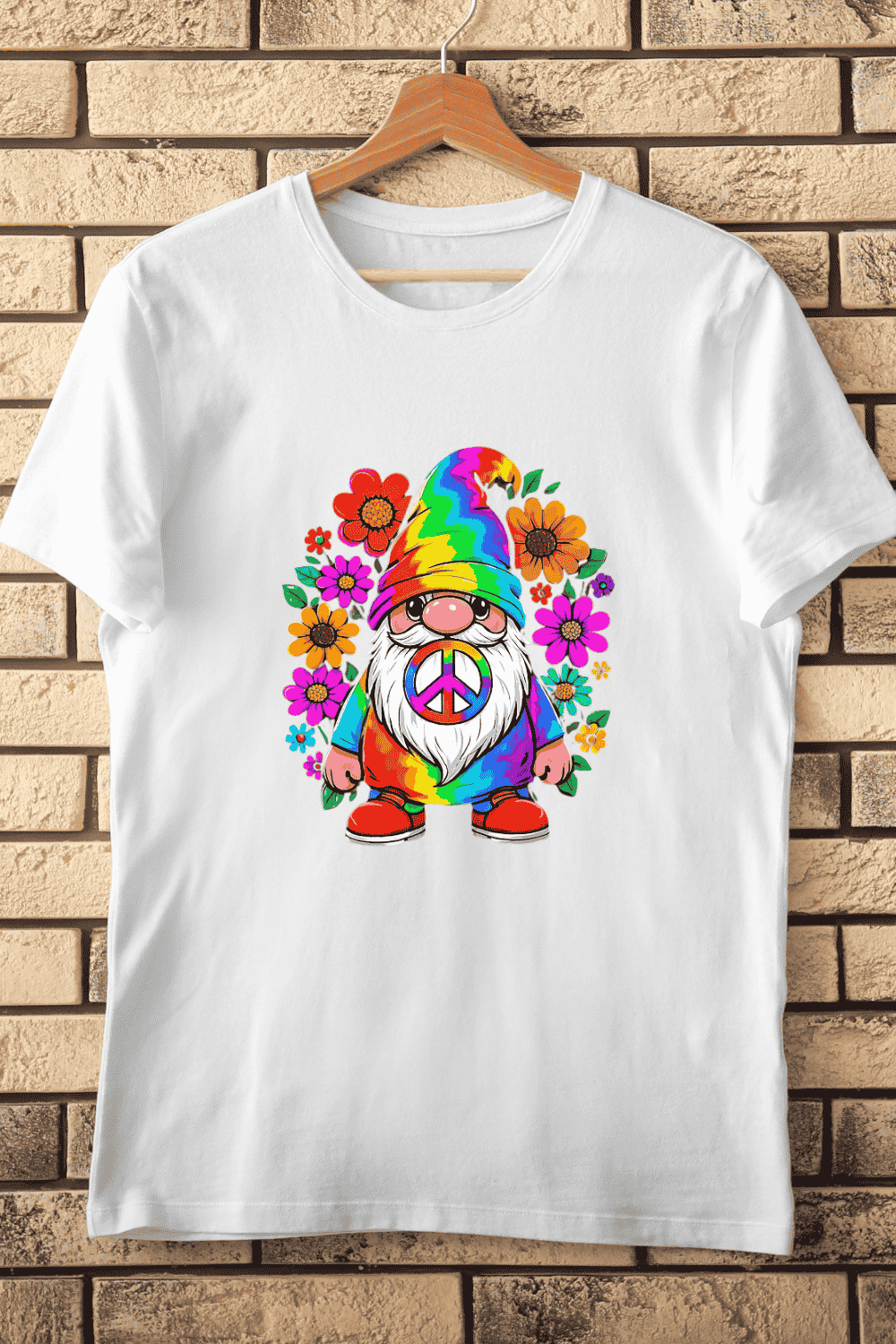 Rainbow Peace Sign Gnome T-Shirt Design pinterest preview image.