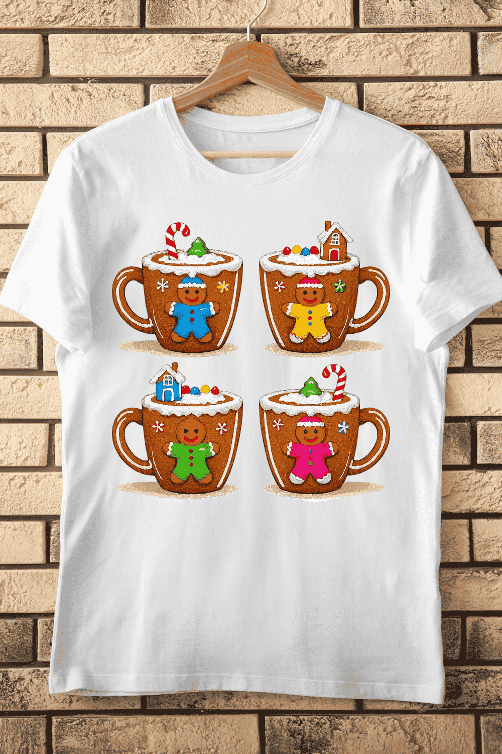 Cute Gingerbread Mugs with Holiday Toppings Set T-Shirt Design pinterest preview image.