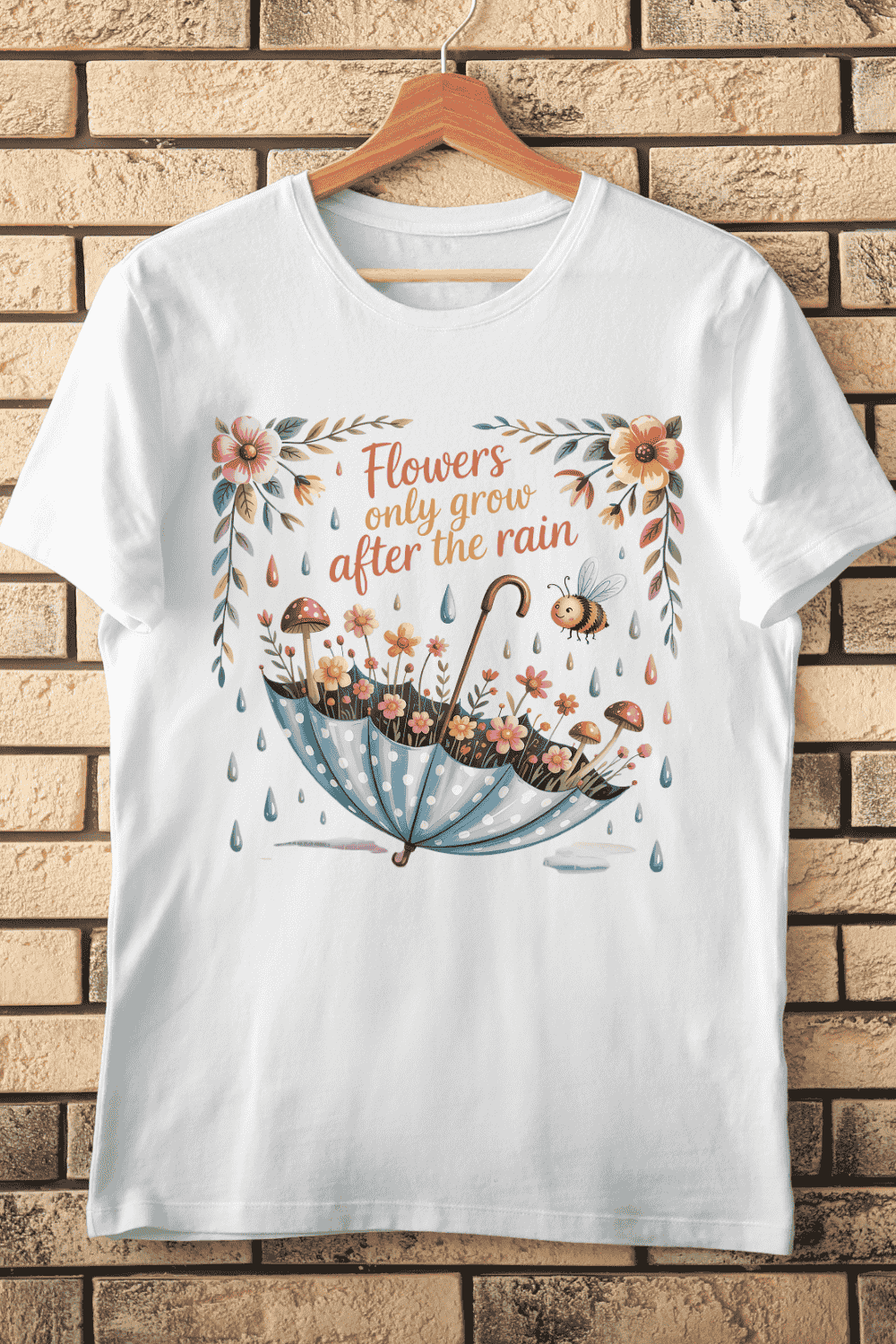 Inspirational Umbrella and Flowers T-Shirt Design pinterest preview image.