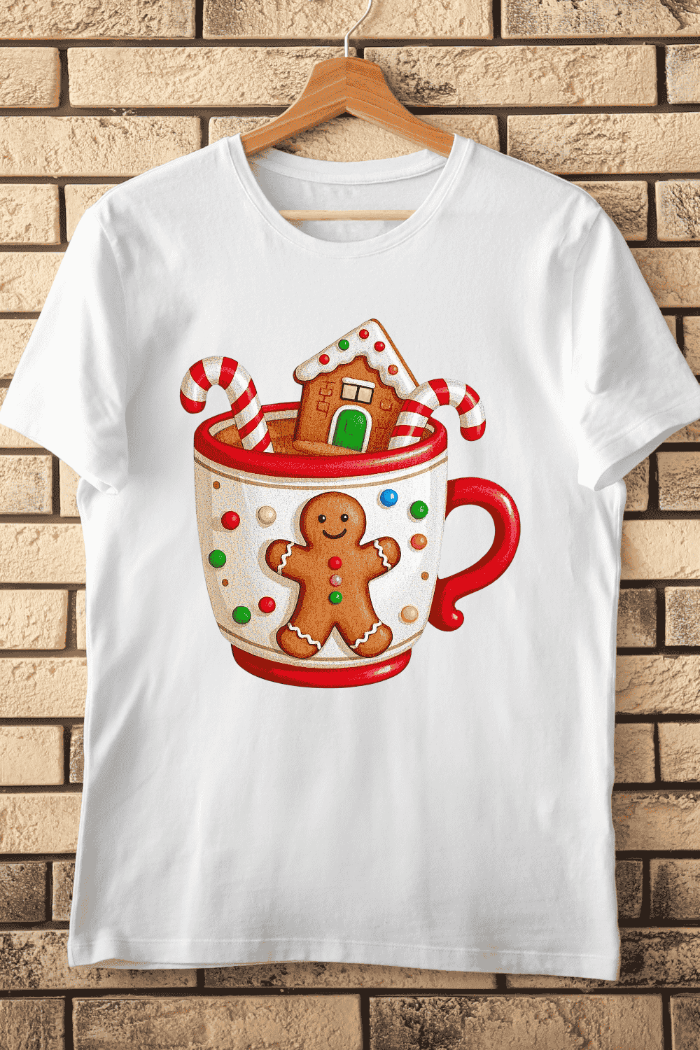Cute Gingerbread Man Mug with Candy Canes T-Shirt Design pinterest preview image.