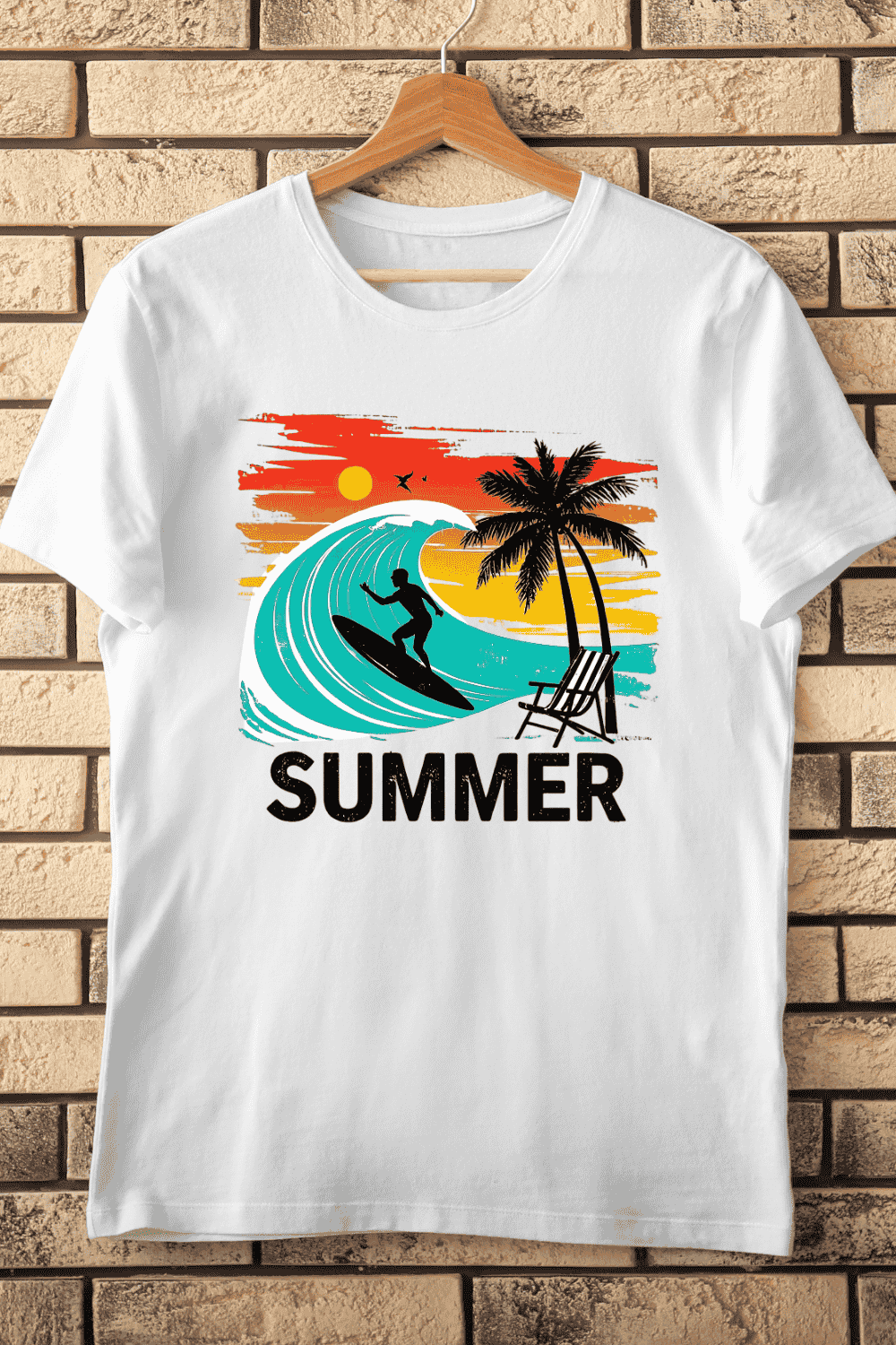 Retro Beach Sunset T-Shirt Design pinterest preview image.