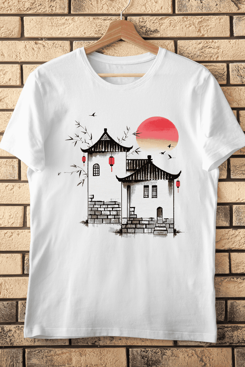 Asian Landscape Traditional Buildings T-Shirt Design pinterest preview image.