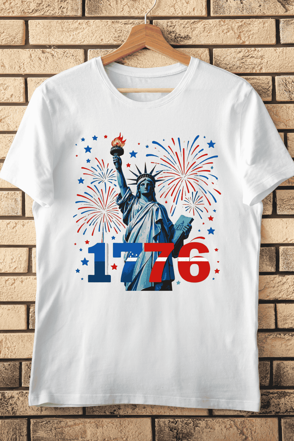 Statue of Liberty 1776 Fireworks T-Shirt Design pinterest preview image.