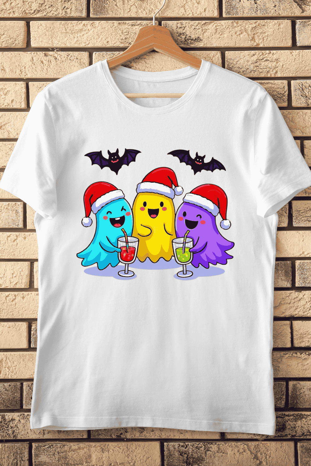 Adorable Ghosts Party with Bats and Stars T-Shirt Design pinterest preview image.