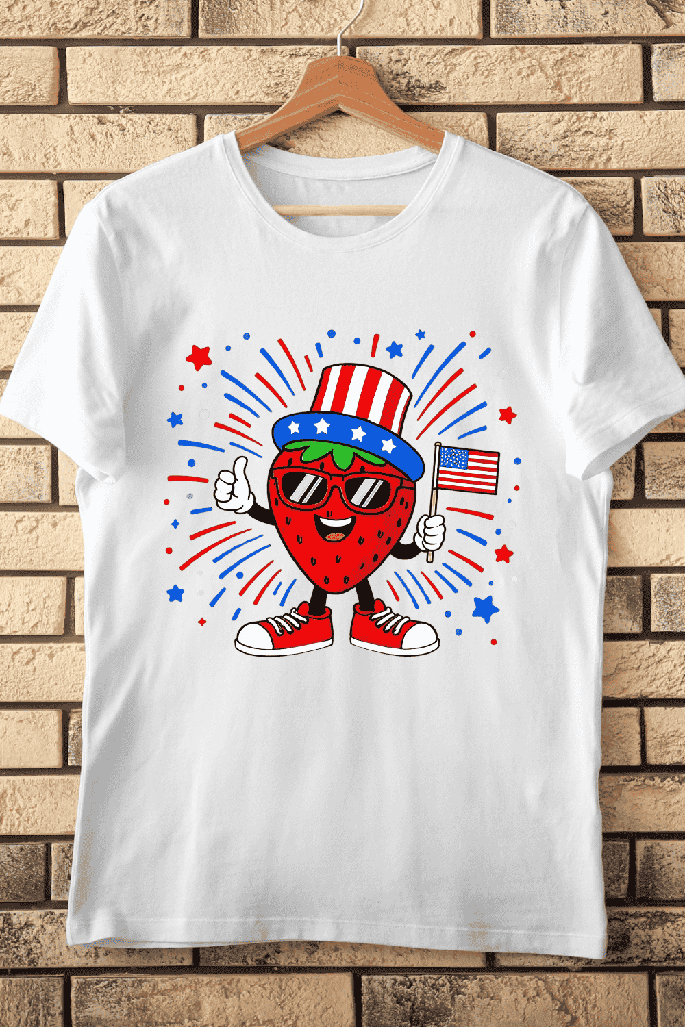 Patriotic Strawberry with USA Flag T-Shirt Design pinterest preview image.