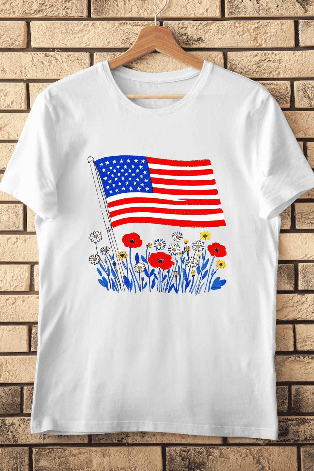 American Flag Poppies Daisies T-Shirt Design pinterest preview image.