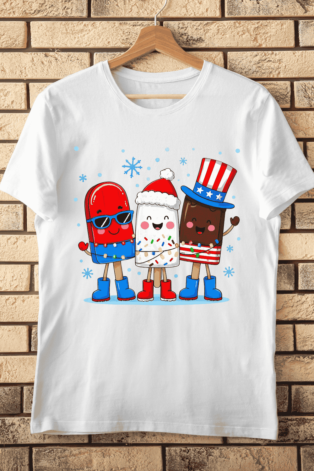 American Flag Ice Pop with Holiday Friends T-Shirt Design pinterest preview image.