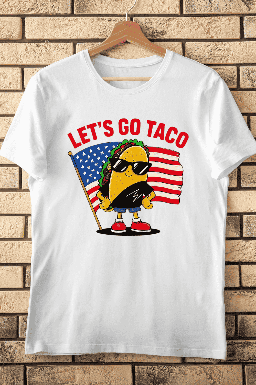 Let's Go Taco American Flag T-Shirt Design pinterest preview image.