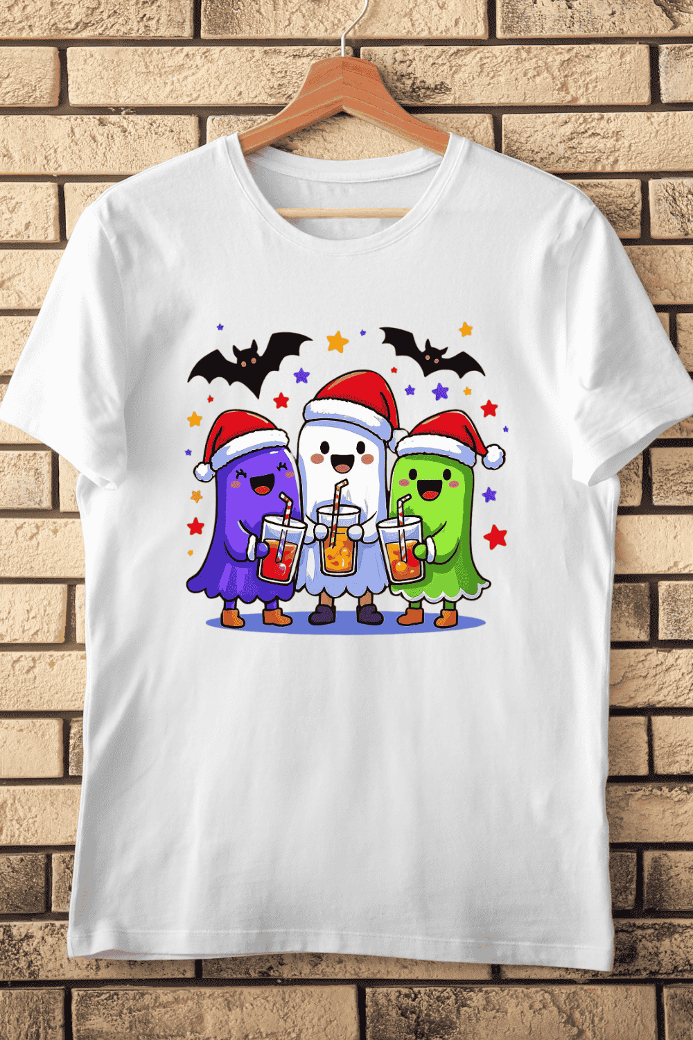 Cute Ghosts Santa Hats Drinks T-Shirt Design pinterest preview image.