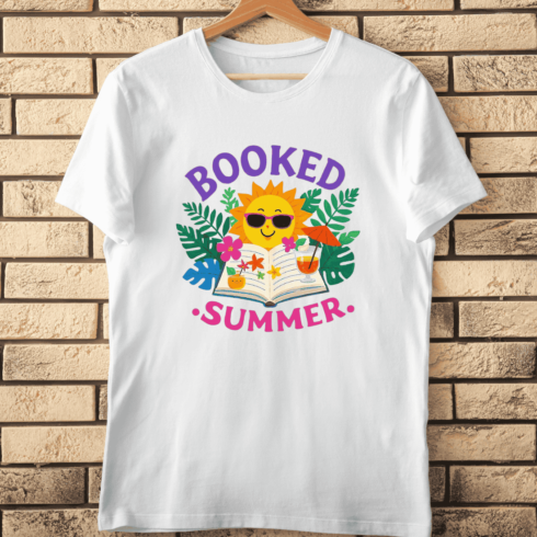 Happy Sun with Book and Tropical Plants T-Shirt Design cover image.