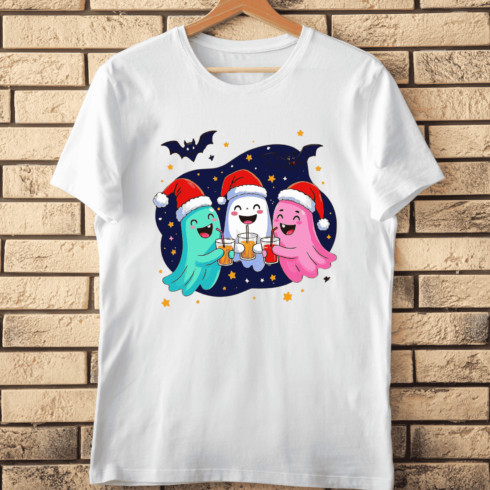 Ghosts Wearing Santa Hats and Drinking T-Shirt Design cover image.