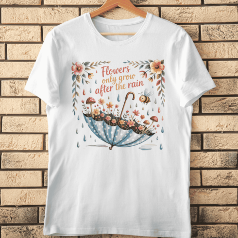 Inspirational Umbrella and Flowers T-Shirt Design cover image.