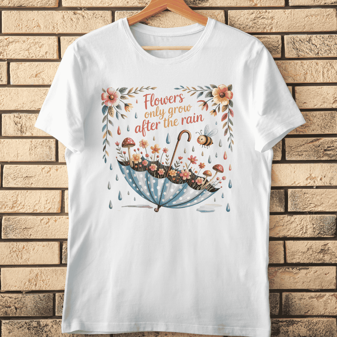 Inspirational Umbrella and Flowers T-Shirt Design cover image.