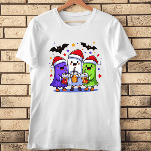 Cute Ghosts Santa Hats Drinks T-Shirt Design cover image.