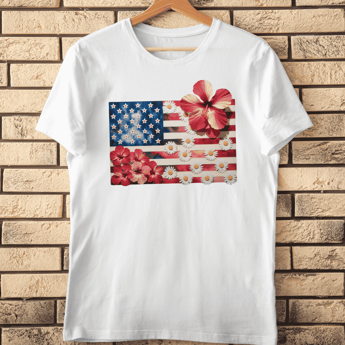 Tropical Flowers on US Flag T-Shirt Design cover image.